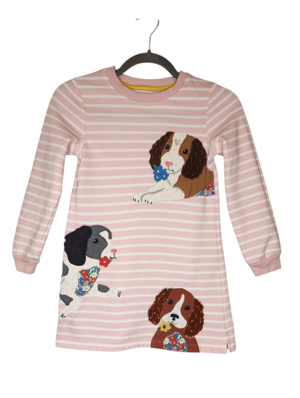 Mini Boden Stiped Pink and White Dog Applique Dress Size 7-8 Y